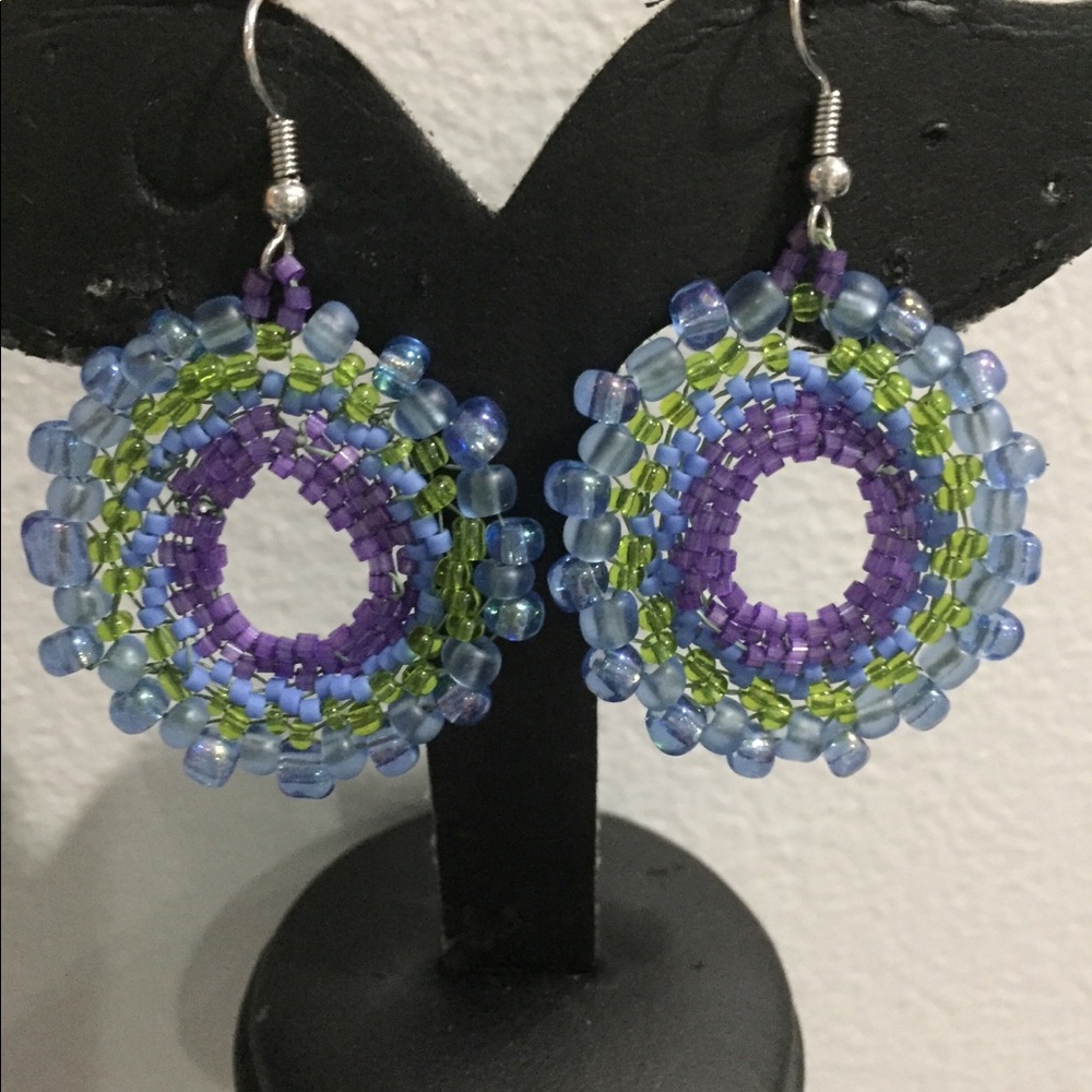 Beaded peyote earrings in blue and green